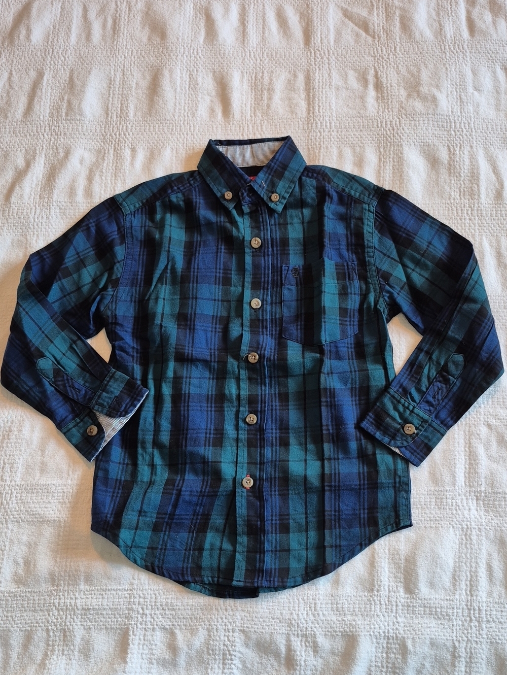 IZOD boys 4 navy blue & green plaid button down shirt EUC